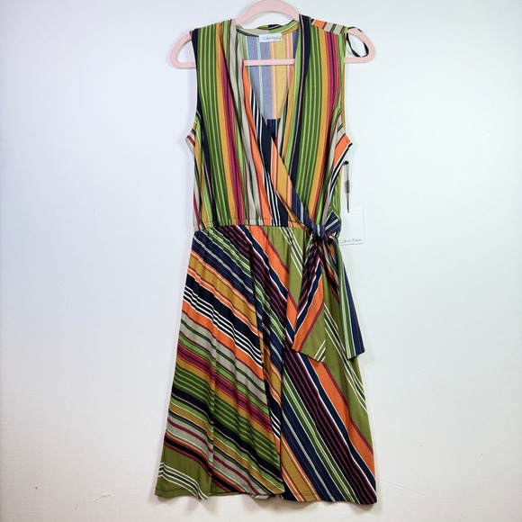 Calvin Klein Dresses & Skirts - CALVIN‎ KLEIN Multicolor Striped Faux Wrap Sleeveless Dress 8 CD3A2E55